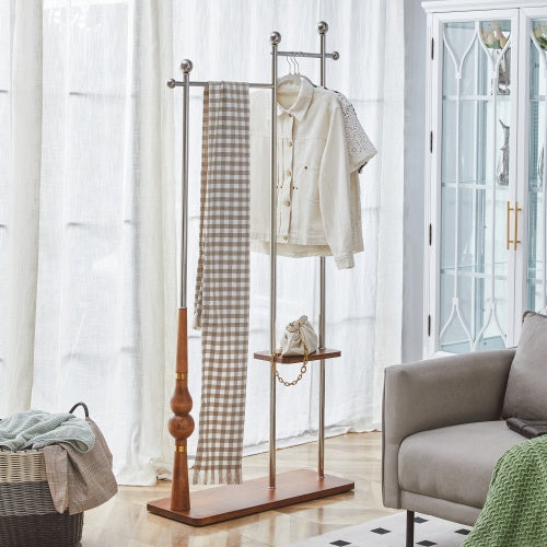 70  Industrial Coat Rack, Solid Wood & Silver Stainless Steel Clothing Rack, Double Layer Hanger For Coats, Hats, Bags, Shoes, Vintage Wood Grain  34.6  Wide