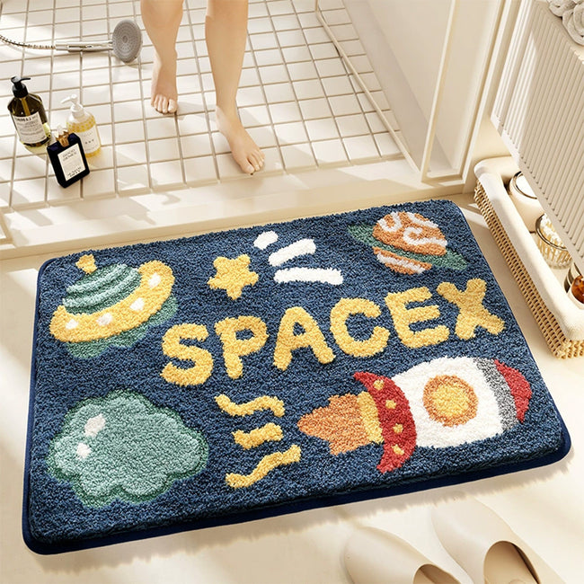 Cartoon Rocket Bath Mat Bathroom Decoration Area Rug Toilet Anti-slip Foot Mats Thickened Flocking Bath Carpet Non-slip Doormat Absorbent Bathroom Mat