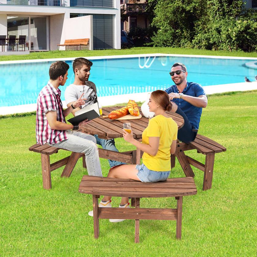 6 Person Wooden Picnic Table Set With Bench And Umbrella Hold