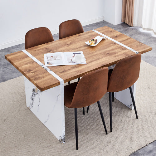 Natural Wood Grain MDF Dining Table   55x31.5 Stable Design.Suitable For Various Modern Home Decor Styles.Splicing Structure Design,Wood Textured Desktop,White Marble Patterned Table Legs