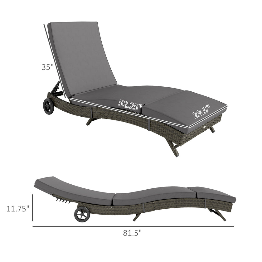 Patio Wicker Chaise Lounge Chair, Outdoor PE Rattan Sun Lounger With Adjustable Backrest And 2 Wheels, Gray
