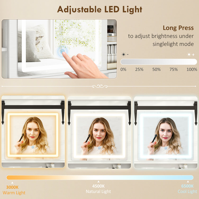 Vanity Desk Set With Mirror And Lights, Cushioned Stool, Storage Drawer, Cabinet, Shelves For Bedroom, White