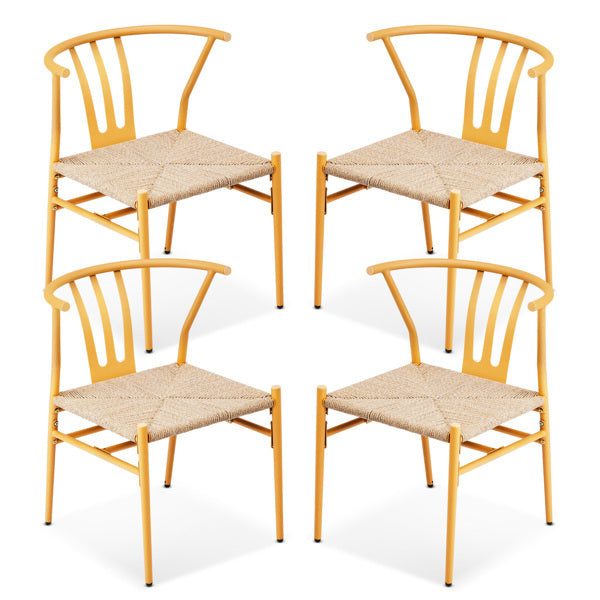 4PCS Weave Dining Chair, Mid-Century Modern Metal Rattan Chair For Kitchen Dining Living Room, Wood Color