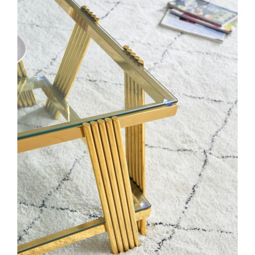 47 Wide Rectangle Modern Stainless Steel Coffee Table, Double-Layer Clear Tempered Glass Coffee Table, Center Table With Storage, For Living Room Home Office, Easy Assembly