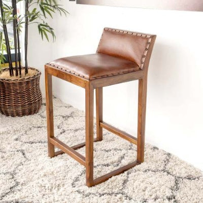 Gavin Mid-Century Modern 25'' Solid Wood Genuine Leather Counter Stool In Tan 31-Inch