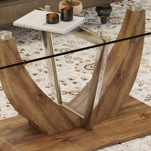 Modern Minimalist Transparent Tempered Glass Coffee Table With Marble Patterned MDF Legs And Stainless Steel Decorative Columns. Computer Desk. Game Table