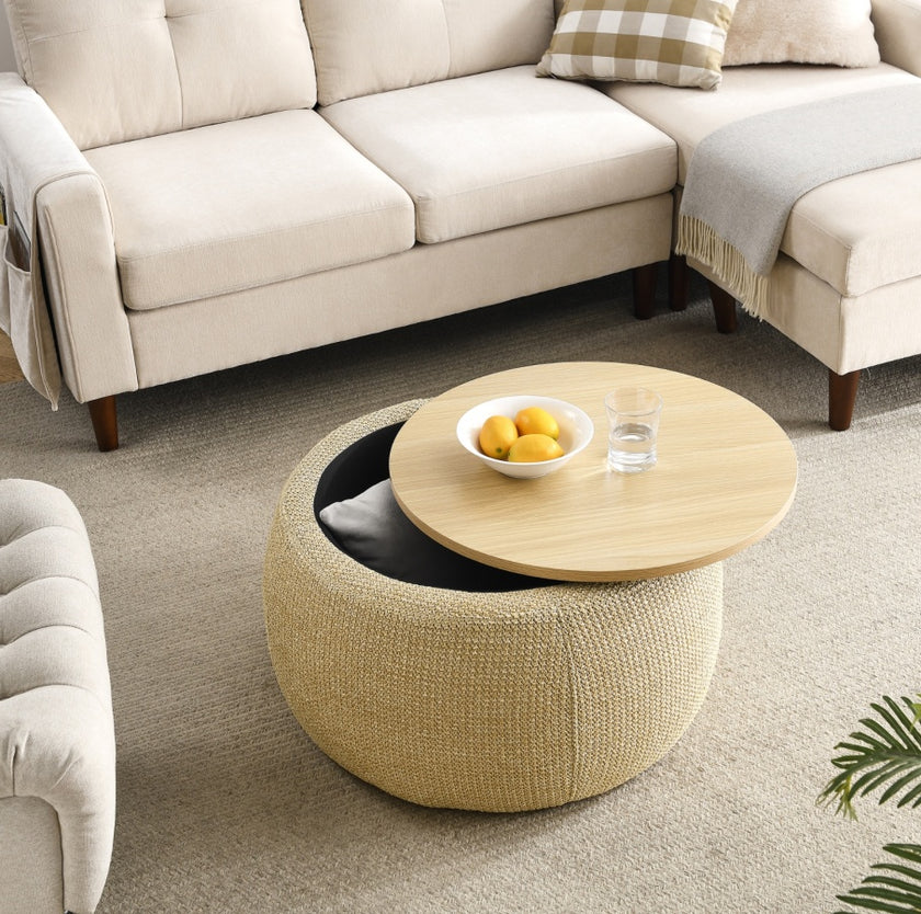 2-in-1 Round Storage Ottoman  End Table, Natural 25.5x25.5x14.5