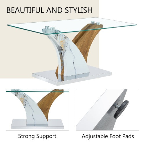 Rectangular Coffee Table.Tempered Glass Countertop, And Artistic MDF Legs,perfect For Hosting Dinners, Conferences, Home, And Office Decorations.White And Wood,Dining Table,Tea Table.Coffee Table.