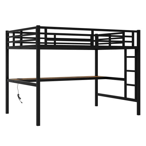 Metal Full XL Size Loft Bed With Power Outlet And LED Lighted, Space-Saving, Noise Reduced, Black