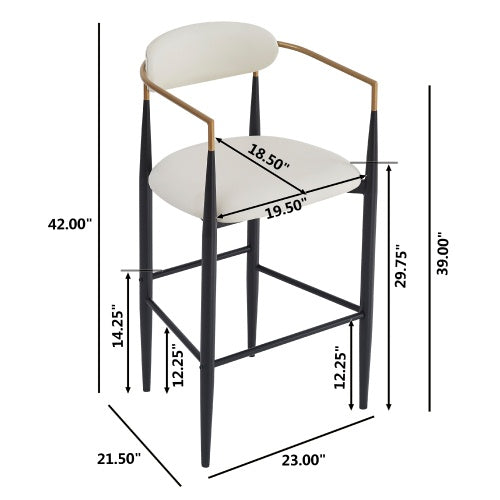 Barstools Set Of 2, Counter Height Upholstered Bar Stools With Back For Kitchen Island, Beige Faux PU Leather Seating Black Iron Legs 260LBS Weight Capacity