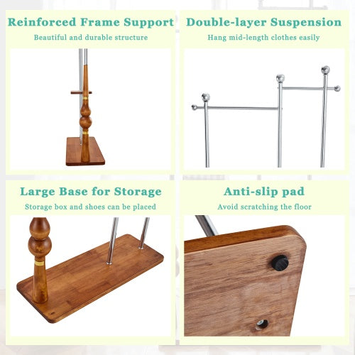 70  Industrial Coat Rack, Solid Wood & Silver Stainless Steel Clothing Rack, Double Layer Hanger For Coats, Hats, Bags, Shoes, Vintage Wood Grain  34.6  Wide