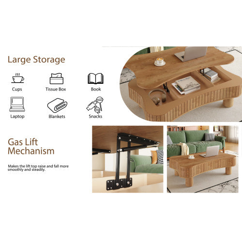 Lift Top Coffee Table For Living Room 42  Fluted Panel Hidden Storage, Silent Hydraulic Lift, Curved Safety Corners, 5 Min Assembly 27W X 13  18.9H, Black