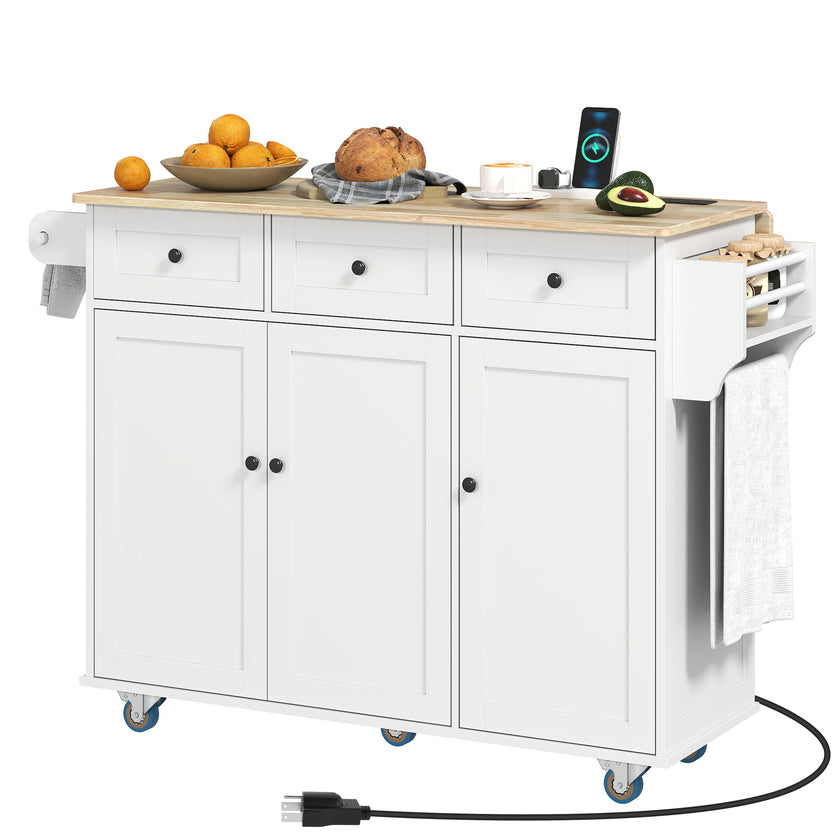 Kitchen Island On Wheels With Drop Leaf, Charging Station, Rolling Kitchen Cart With Wood Top, Adjustable Shelf, White
