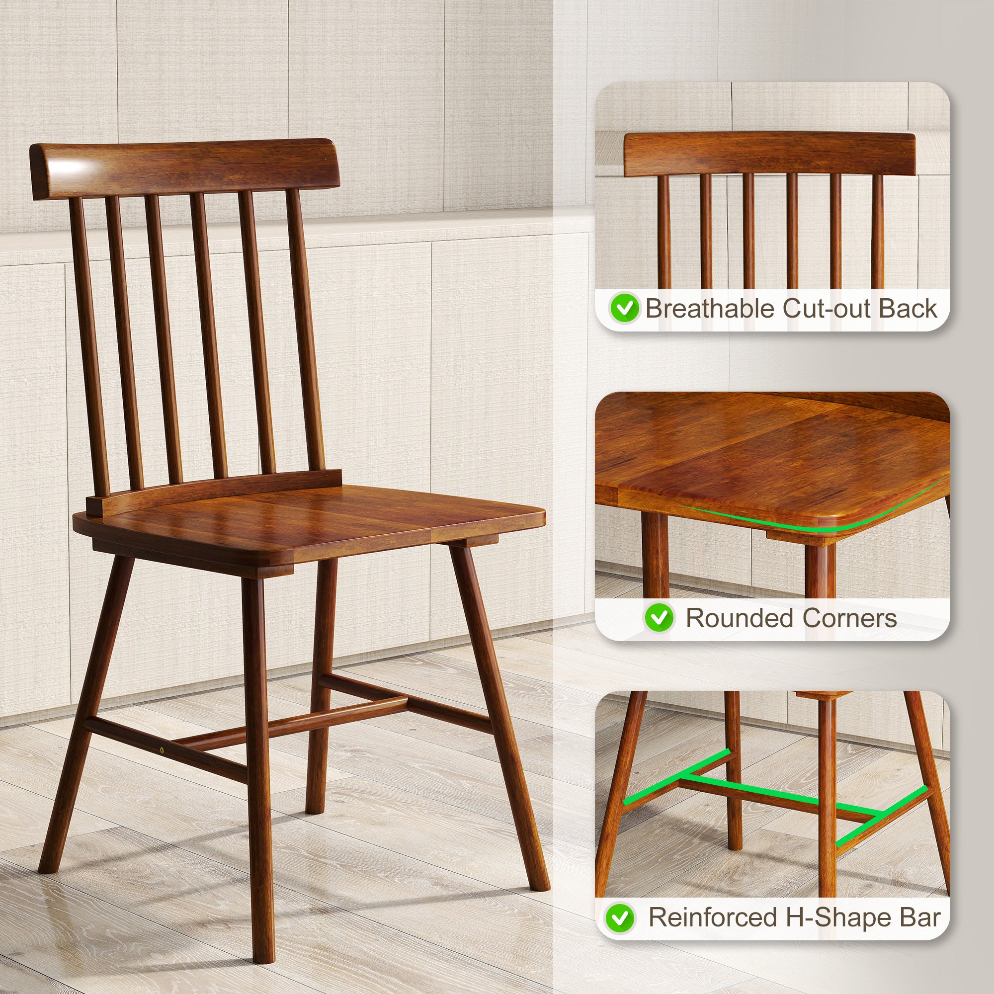 Dining Chairs Set Of 2, Farmhouse Wood Kitchen Chairs With Rubber Wood Frame, Spindle Back For Dining Room, Light Brown