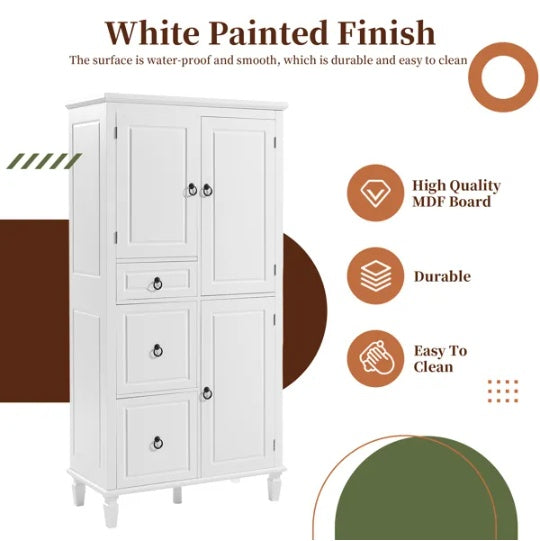 Retro Multi-Functional Storage Cabinet With Adjustable Shelves, 3 Drawers, And 3 Enclosed Compartments   Stylish And Versatile Organizer For Living Room, Kitchen, Or Office, White