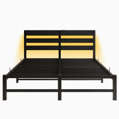 Queen Size Metal Bed Frame With Wooden Headboard, RGB Lights, Charger, Storage Shelf, Noise-Free, No Box Spring Needed, Black