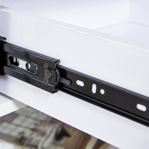 Bedside Table With Drawers. The Board Surface Is MDF Sticker, And Both Sides Are Transparent Tempered Glass. The Design Is Simple And Elegant, With Excellent Storage Functions