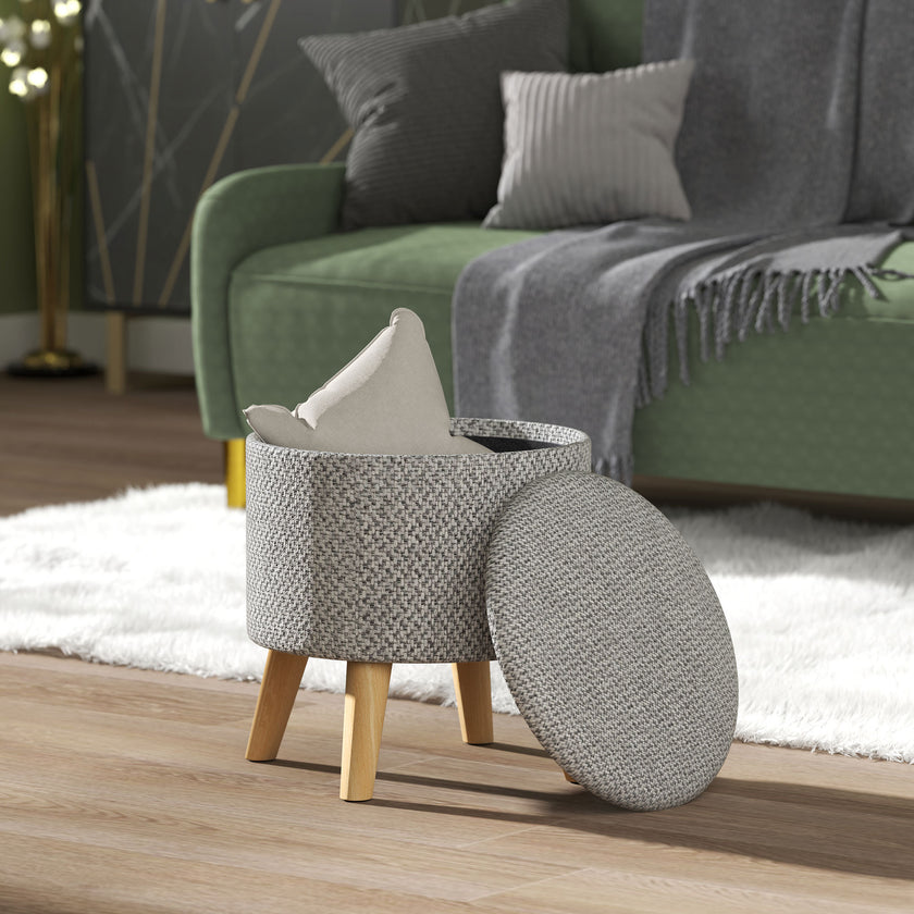 Round Ottoman Stool With Storage, Linen Upholstered Foot Stool With Padded Seat, Hidden Space And Wood Legs, Light Gray