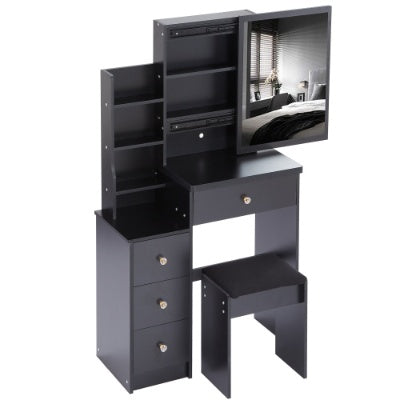 29.2 Small Space Left Bedside Cabinet Vanity Table   Cushioned Stool, Extra Large Right Sliding Mirror  Multi Layer High Capacity Storage, Practical Fashionable Dresser Suitable For Small Space