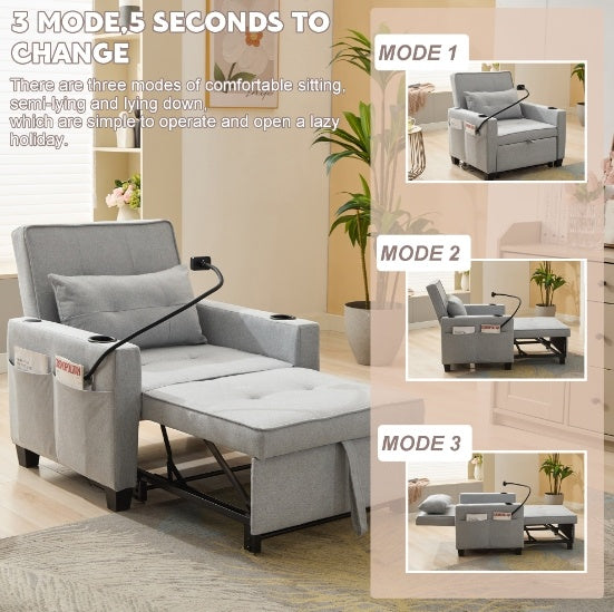 Futon Chair Bed Convertible Chair 3-in-1 Pull Out Sleeper Chair Beds With USB Ports,Wear-resistant And Anti-scratch, Armchair Bed Sleeper For Living Room,Grey.