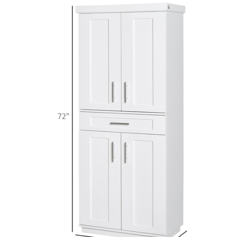 Modern Kitchen Pantry Cabinet Storage With With 4 Doors, Drawer And 3 Adjustable Shelves For Dining Room, White