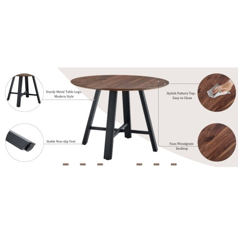 Modern Minimalist Round Dining Table And Coffee Table. 42 Inch Diameter MDF Table Top, Deep Wood Grain Table Top, Black Metal Legs, Fits Home & Office F-1172