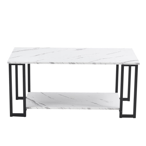 D&N Coffee Table, 2 Layers 1.5cm Thick Marble MDF Rectangle 39.37 L Tabletop Iron Coffee Table , Dining Room, Coffee Shop, Resterant, White Top, Black Leg