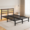 Full Size Metal Bed Frame With Wooden Headboard, RGB Lights, Charger, Storage Shelf, Noise-Free, No Box Spring Needed,Rustic Brown