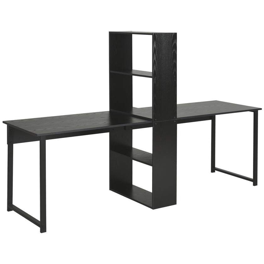 Extra Long 2-Person Desk With Bookshelf Black Home Office Workstation Combo