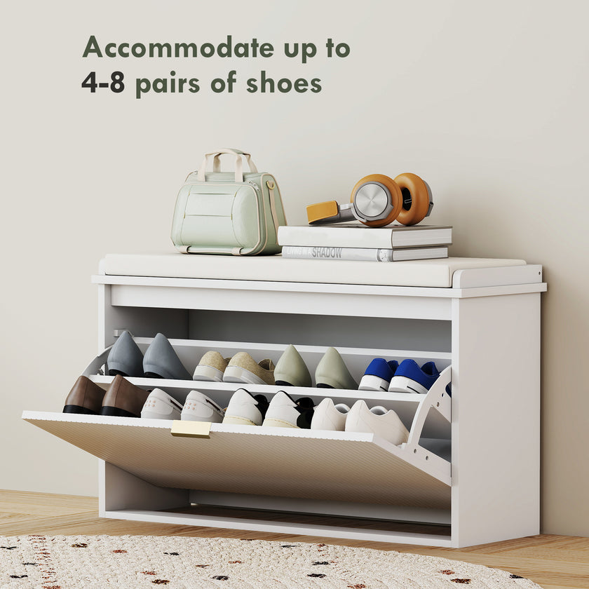 Shoe Storage Bench With Padded Seat Cushion And Flip-Drawer, Entryway Bench, Shoe Cabinet, 31.5x10.2x18.7 Inches, White