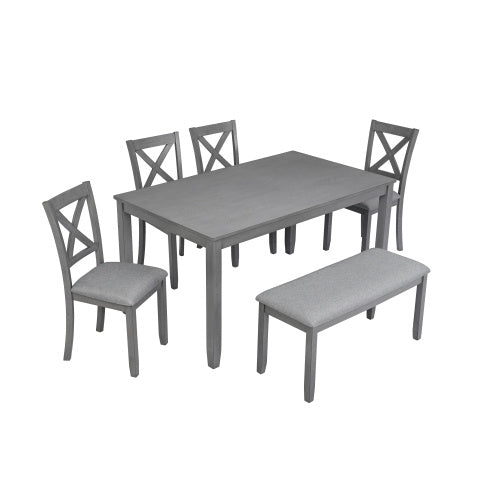 6 Piece Kitchen Dining Set, Rectangular Wooden Dining Table With 4 Upholstered Chairs And A Bench, Dining Table Set For 6 People, Living Room, Home Bar And Kitchen, Gray