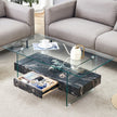 43.3 Inch Modern Two-Tier Coffee Table - Clear Tempered Glass And Black Marble Texture, Multifunctional Storage Design.The Bottom Tier Includes A Drawer.Can Be Used As A Coffee Table,side Table,etc