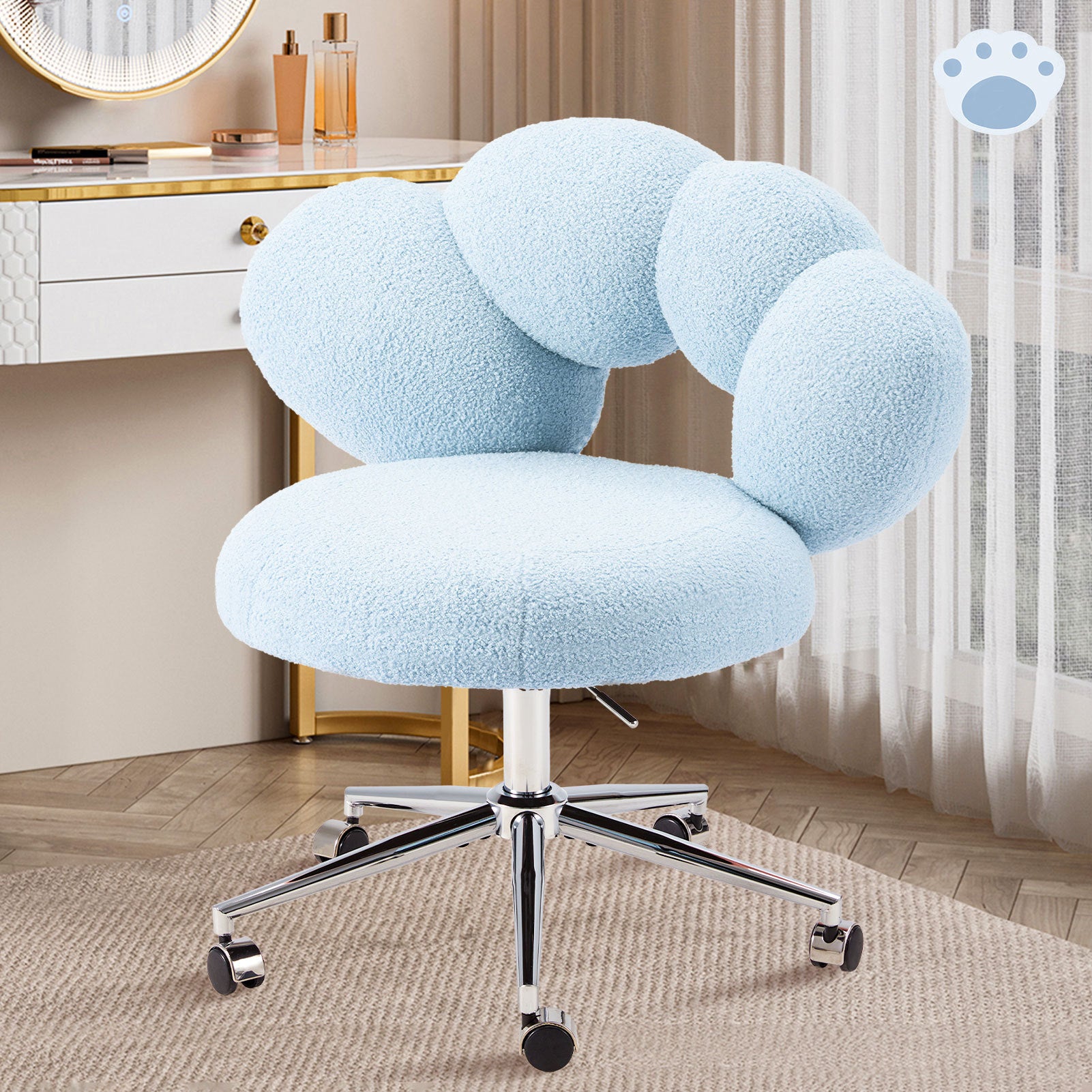 Armless Desk Chair Teddy Fabric Vanity Chair With Wheel