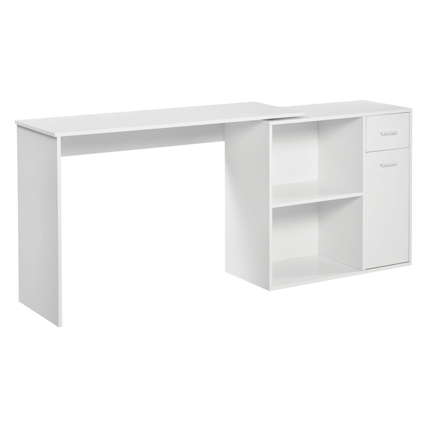 L-Shaped White Computer Desk With Rotating Shelves And Drawer Home Office Workstation