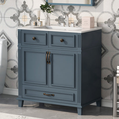 30'' Bathroom Vanity With Ceramic Sink,Solid Wood Frame Bathroom Storage Cabinet With Soft Closing Doors,Retro Style, Blue