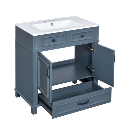 30'' Bathroom Vanity With Ceramic Sink,Solid Wood Frame Bathroom Storage Cabinet With Soft Closing Doors,Retro Style, Blue