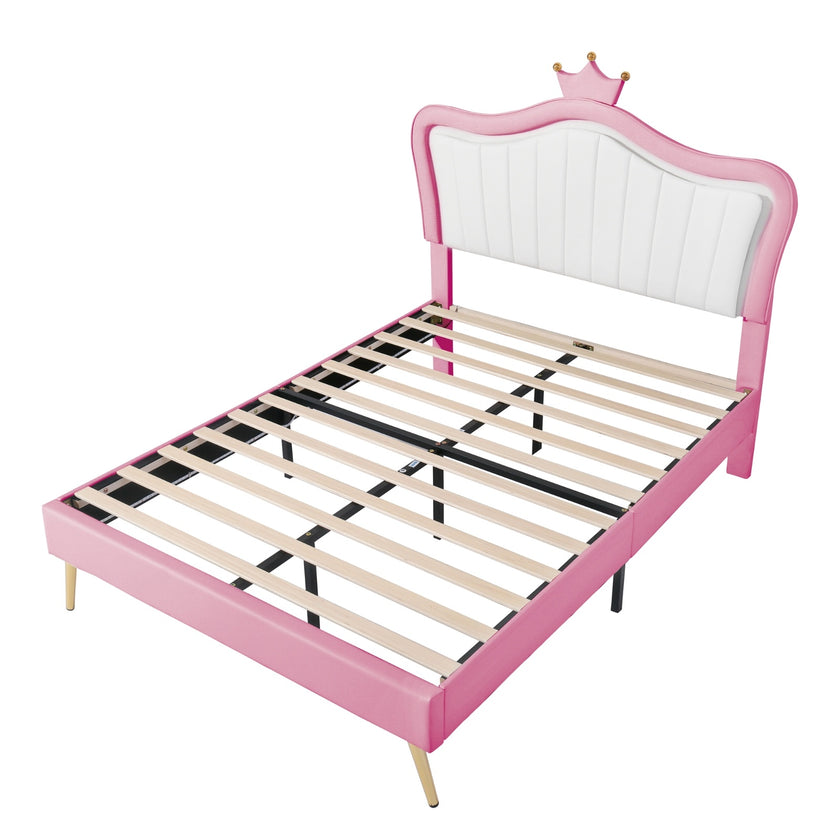 Full Size Upholstered Bed Frame With LED Lights & Crown Headboard