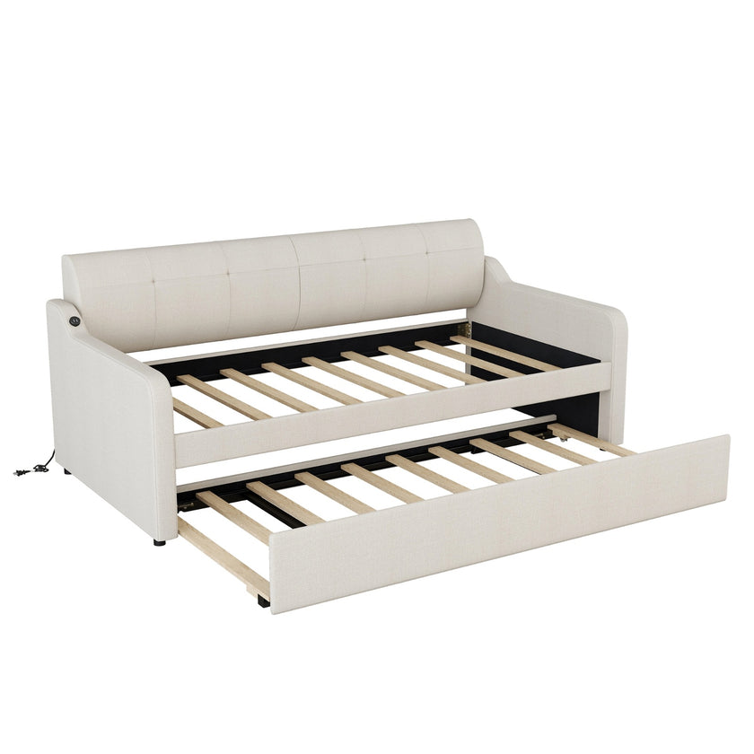 Twin Upholstered Daybed W  Trundle & USB Charging, Adjustable, Beige