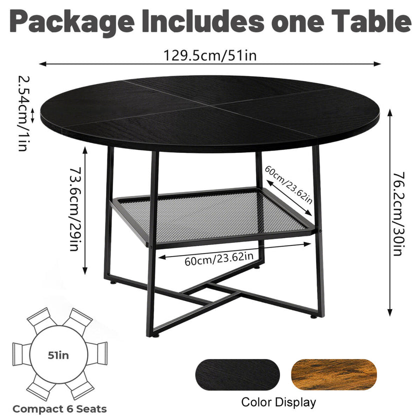 51  Round Dining Table For 4-6  Tiger Stripes-Black Wooden Dining Room Table With Storage Shelf Space Saving Circle Dinner Table With Metal Legs For Kitchen Living Room Dining Restaurant Furniture