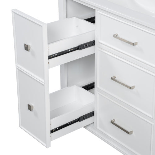 30 Inch Bathroom Vanity With Ceramic Sink, Flip-Out Drawer Design For Plumbing, White Painted MDF Cabinet With Solid Wood Legs