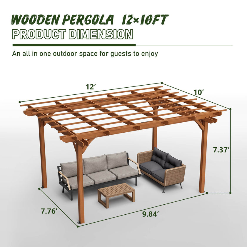 12 X 10 FT Outdoor Wood Pergola, Wooden Grape Pergola For Climbing Plant Support For Garden, Patio, Backyard, Deck, Brown