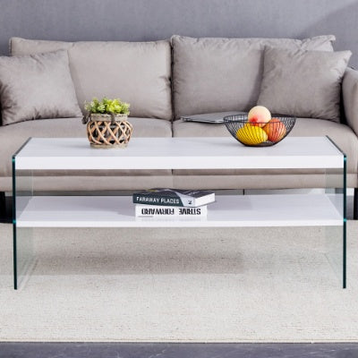 Double Rectangular Coffee Table. The Board Surface Is MDF, With White Stickers, And Both Sides Are Transparent Tempered Glass. Suitable For Living Room, Bedroom And Other Occasions