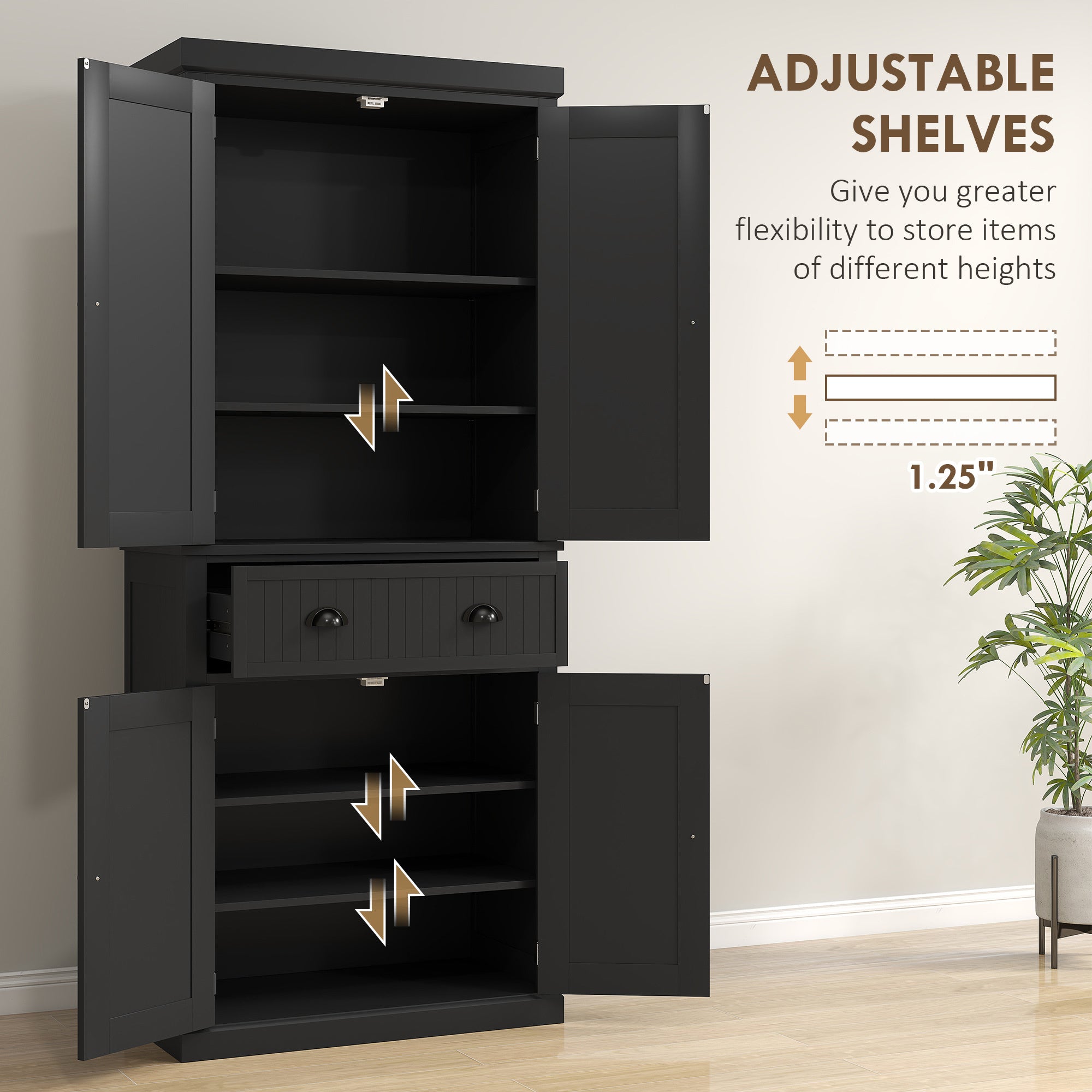 72 Kitchen Pantry Storage Cabinet, Cupboard With 4 Doors And 3 Adjustable Shelves, Large Central Drawer, Black