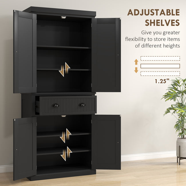 72 Kitchen Pantry Storage Cabinet, Cupboard With 4 Doors And 3 Adjustable Shelves, Large Central Drawer, Black