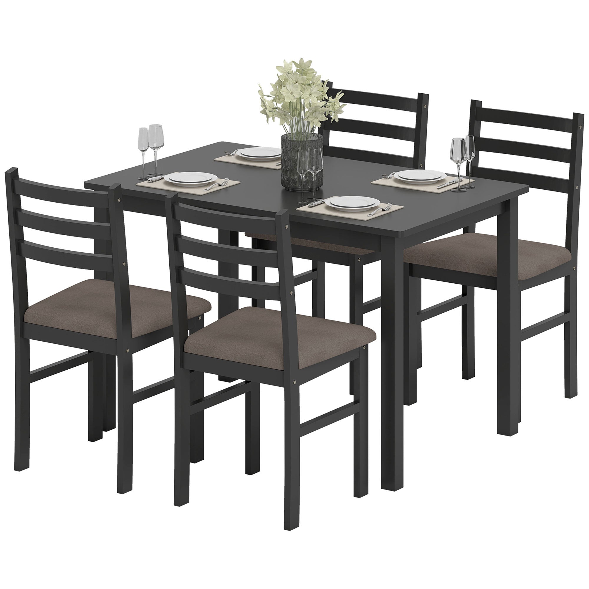 5-Piece Small Kitchen Table Set For 4, Farmhouse Dining Table Set With Upholstered Chairs And Rubber Wood Legs, Black