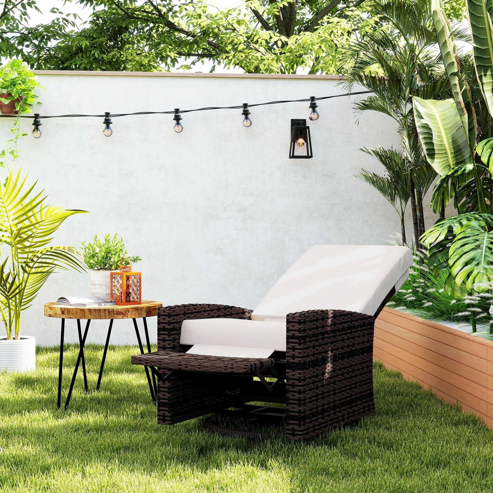 Outdoor Wicker Swivel Recliner Chair, Lifting Footrest, 360 Rotating Basic, Water-resistant Cushions, Khaki