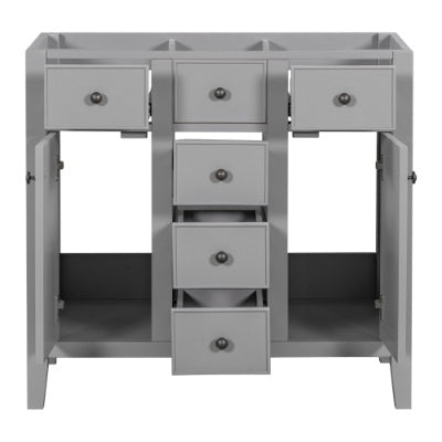 36 Bathroom Vanity Without Sink, Cabinet Base Only, Two Cabinets And Five Drawers, Solid Wood Frame, Grey
