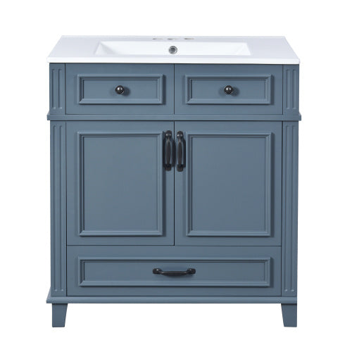 30'' Bathroom Vanity With Ceramic Sink,Solid Wood Frame Bathroom Storage Cabinet With Soft Closing Doors,Retro Style, Blue