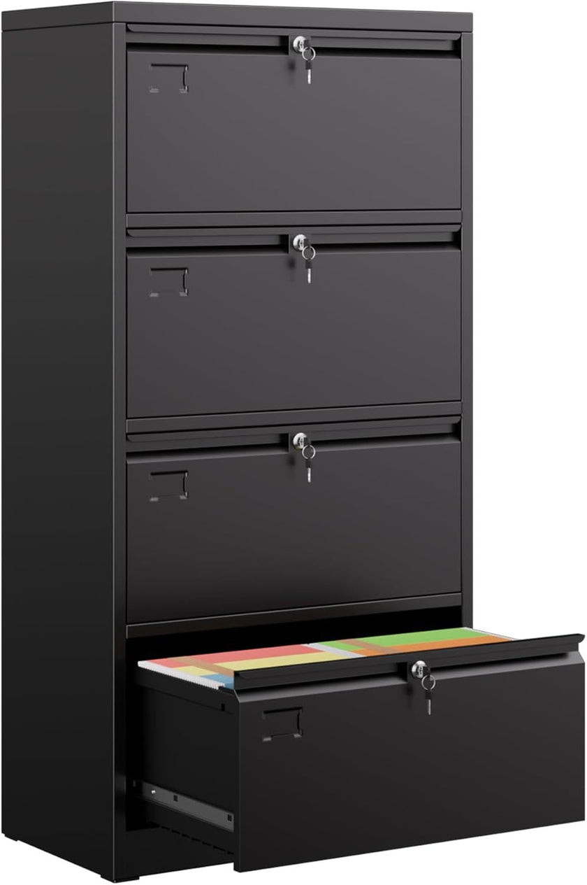 4 Drawer Lateral File Cabinet, Metal Wide Filing Cabinet With Independent Locks, Home Office Furniture For Hanging Files Letter Legal F4 A4 Size, Assembly Required, Black