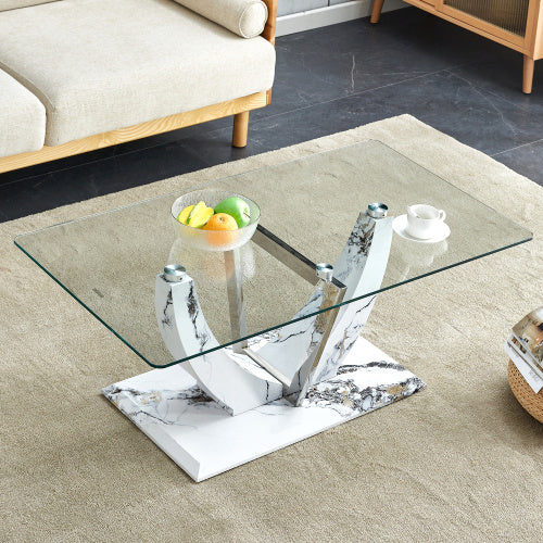 Modern Minimalist Transparent Tempered Glass Coffee Table With Marble Patterned MDF Legs And Stainless Steel Decorative Columns. Computer Desk. Game Table. CT-907